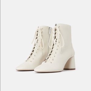 ZARA Off White Leather Lace Up Boots